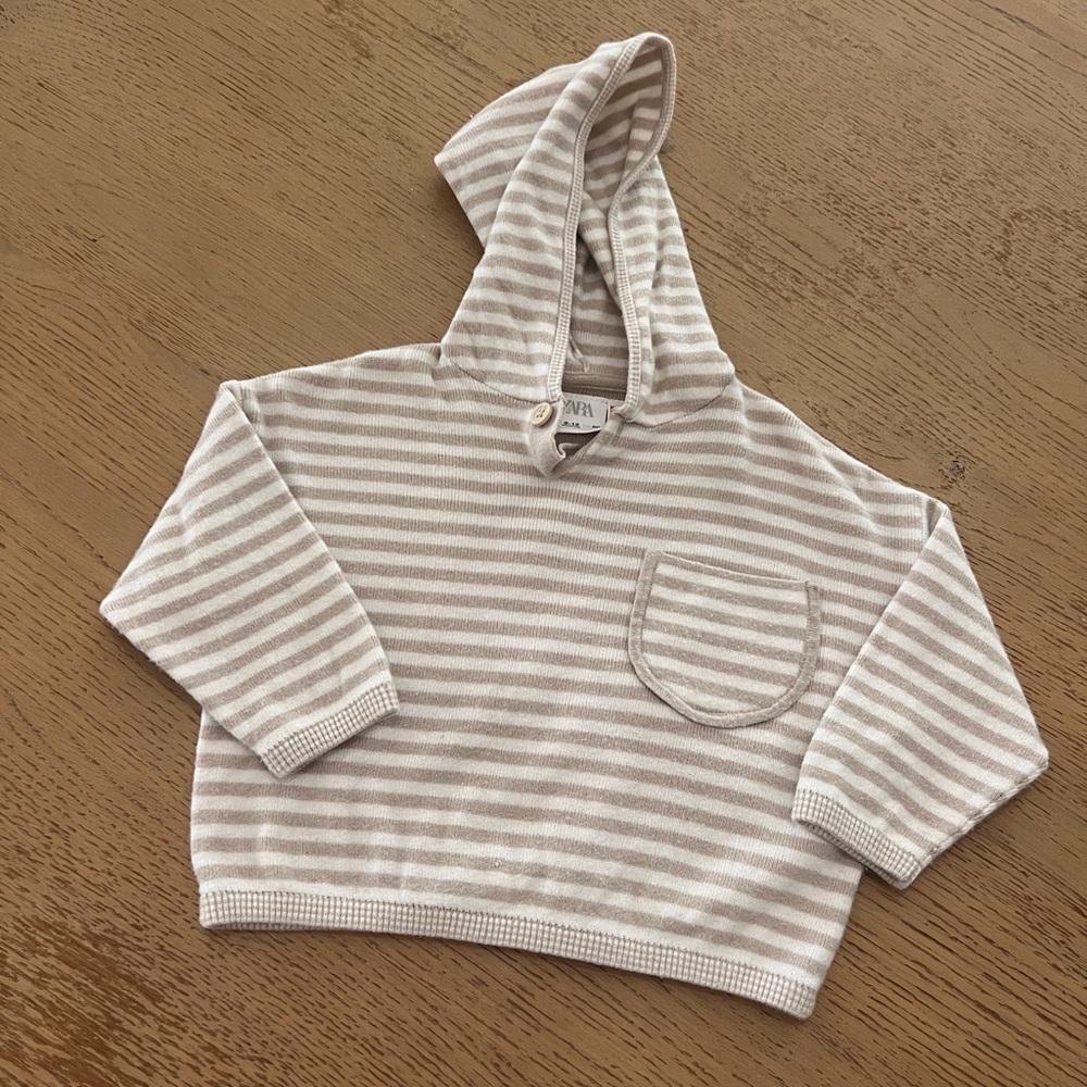 Zara Beige and White Striped Hooded Knit Top - Kids 9-12 months